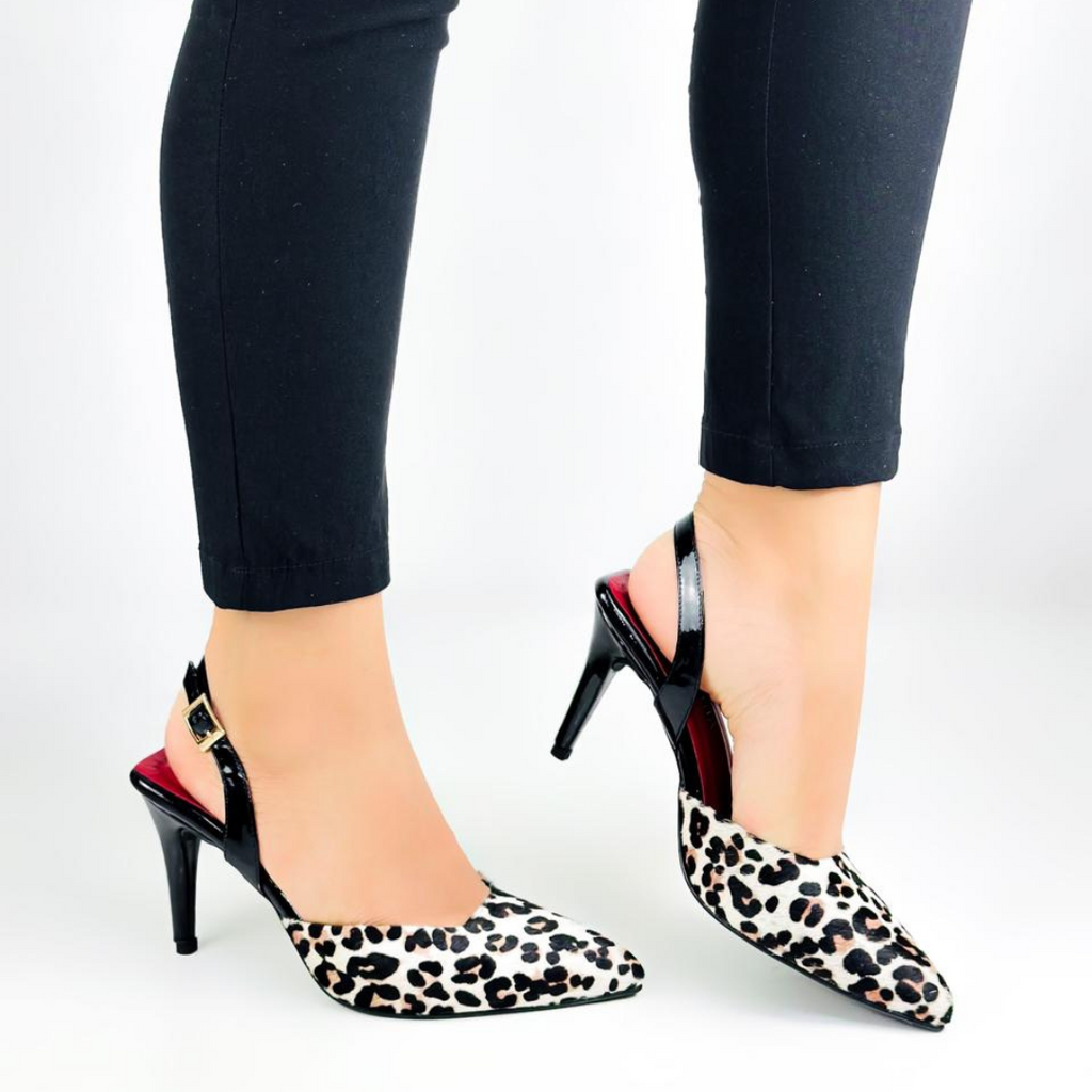 LEIRE - CALZADO CACHATINA - ESTILETO MUJER - CUERO ANIMAL PRINT X CHAROL NEGRO/ROJO  - TACON 7.5 (10 CM)