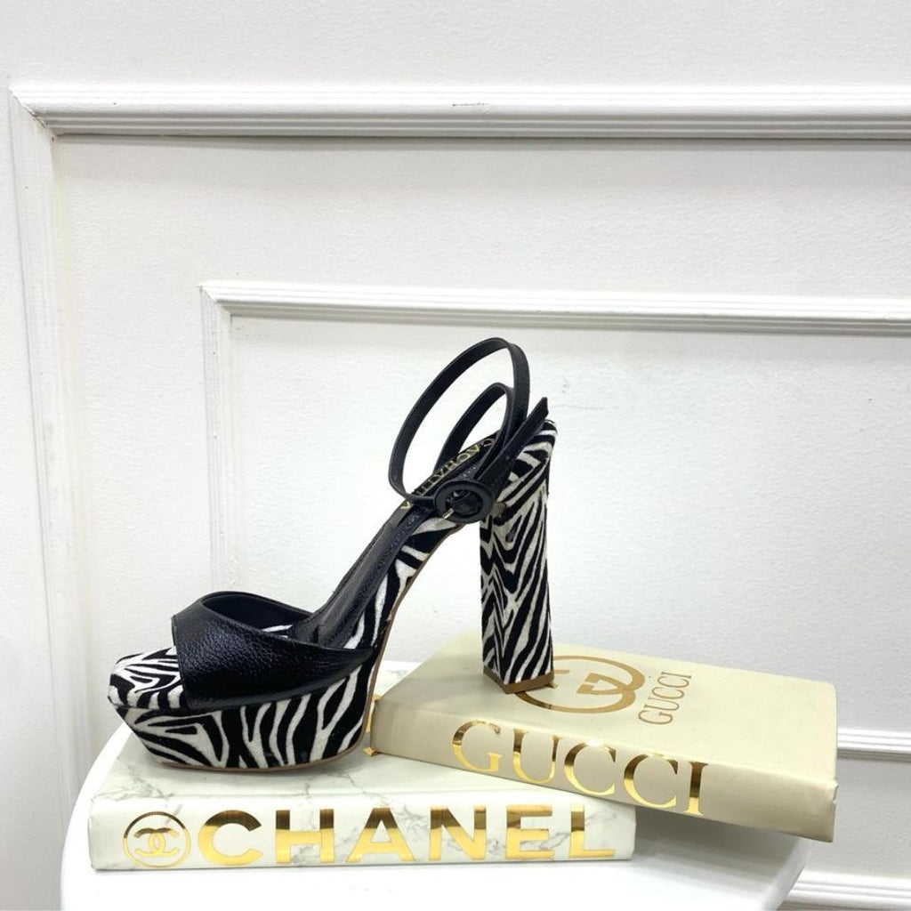 TACÒN - SONIA - 12 CM - ZEBRA TEXTIL NEGRO X BLANCO - CALZADO CACHATINA